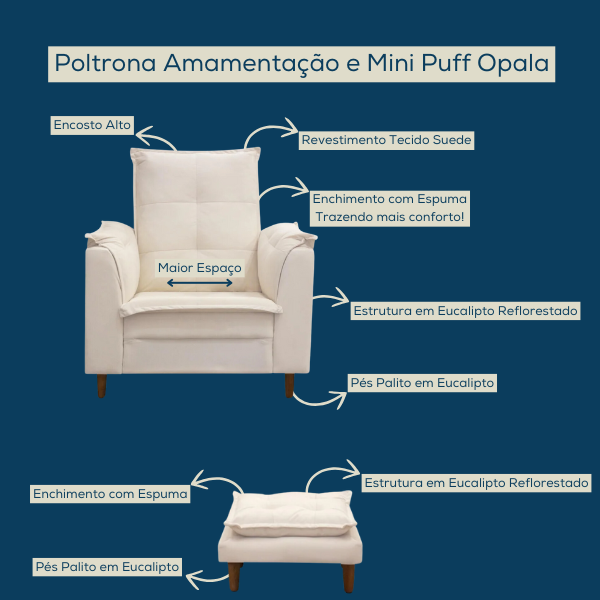 Poltrona Amamentação e Mini Puff Opala Suede Bege Pés Palito - 2