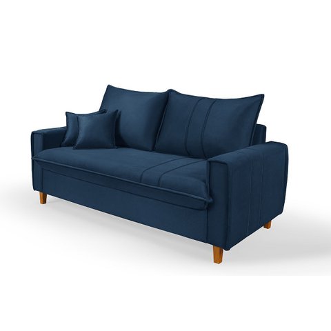 Sofa Living com Bau Multiuso 3 Lugares Suede Pes em Madeira: Azul-Marinho
