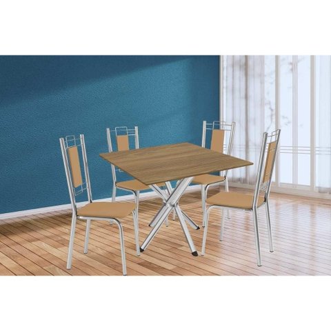 Conjunto: Mesa Sala Jantar Volga C/ Tampo de Madeira 90cm e 4 Cadeiras Florença Cromado/nogueira -