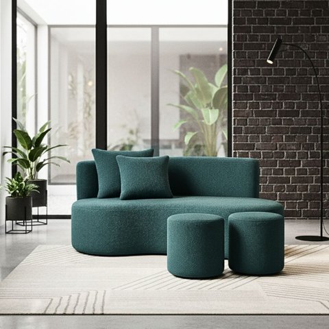 Conjunto Sofá Curvo Orgânico + 2puffs Nature Gaia Boucle Azul Turquesa - Montanaris Decor