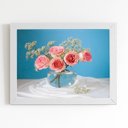 Ver imagem 1 de Quadro Vaso de Rosas Azul Decorativo Moldura Branca 60x40cm