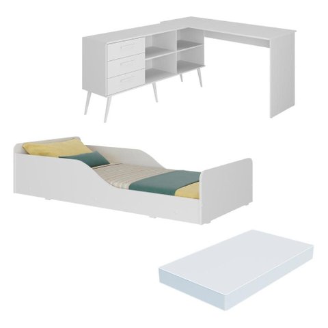 Kit Cama Infantil Montessoriana com Escrivaninha e Colchão Incluso Aura Multimóveis MP4822 Branco