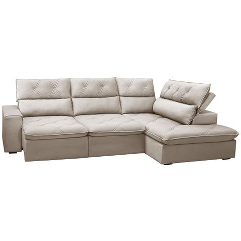 Sofá 3 Lugares Retrátil Reclinável Chaise Direito 258cm Bergen F04 Veludo Bege - Lyam Decor