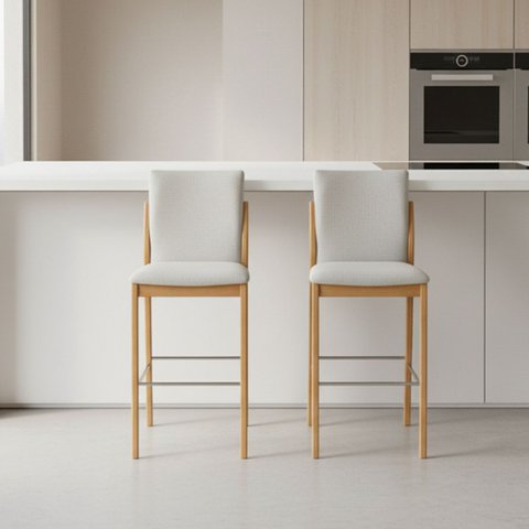 Kit 2 Banqueta Aura Alta Madeira Maciça e Linho 25 Bege Design Moderno Conforto com Apoio para Pés M