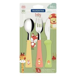 Jogo de Talheres Infantil Colorido 03 Peças Tramontina Baby Friends com Lâminas de Aço Inox e Cabos  - 1