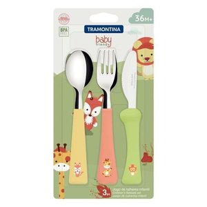 Jogo de Talheres Infantil Colorido 03 Peças Tramontina Baby Friends com Lâminas de Aço Inox e Cabos 