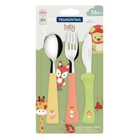 Jogo de Talheres Infantil Colorido 03 Peças Tramontina Baby Friends com Lâminas de Aço Inox e Cabos 