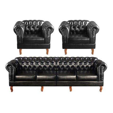 Conjunto Sofá 4 Lugares E Poltronas Chesterfield Capitonê Dom Pedro - Courissimo Preto