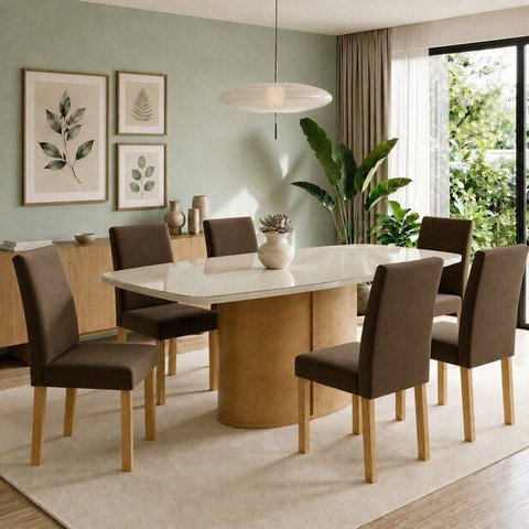 Conjunto de Sala de Jantar 6 Lugares com Mesa 180x90cm e Cadeiras Cinamomo Off White