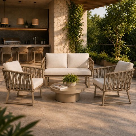 Conjunto Sofa + 2 Poltronas Tricô Náutico Alumínio Resistente Aquablock Área Gourmet Jardim:Champanh