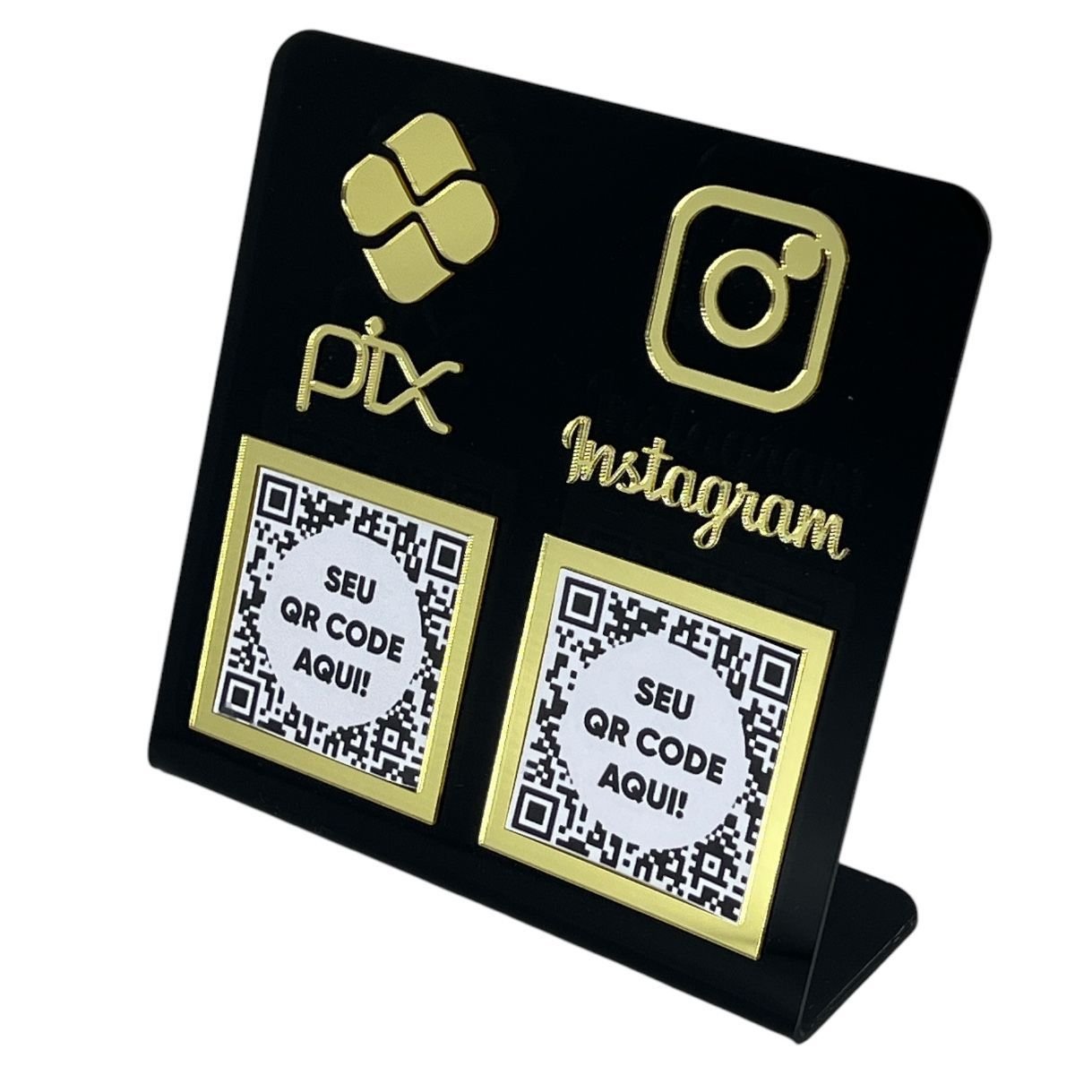 Placa Dupla Pix e Instagram Display Qr Code Acrílico Preto Dourado Mesa ...