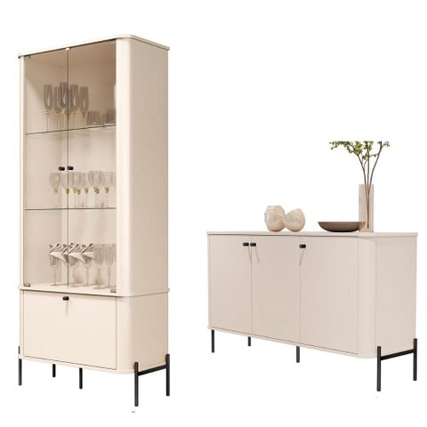Conjunto Cristaleira e Aparador Buffet Tucupí com 3 Portas Off White/preto