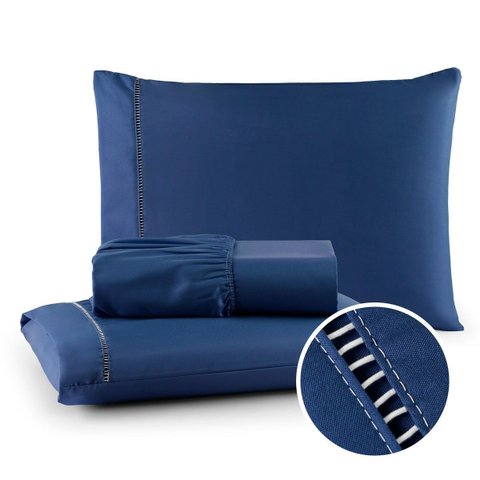 Kit Lençol de Cama Queen 400 Fios Percal 3 Peças Ponto Palito Anti-pilling com Toque 100% Macio Prem