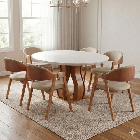 Conjunto Mesa de Jantar Redonda 6 Cadeiras Estofadas Gaia