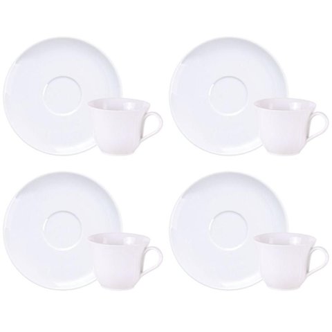 Jogo 4 Xícaras de Chá 210ml com Pires Porcelana Branca Sophia Tramontina Café Cappuccino Mesa