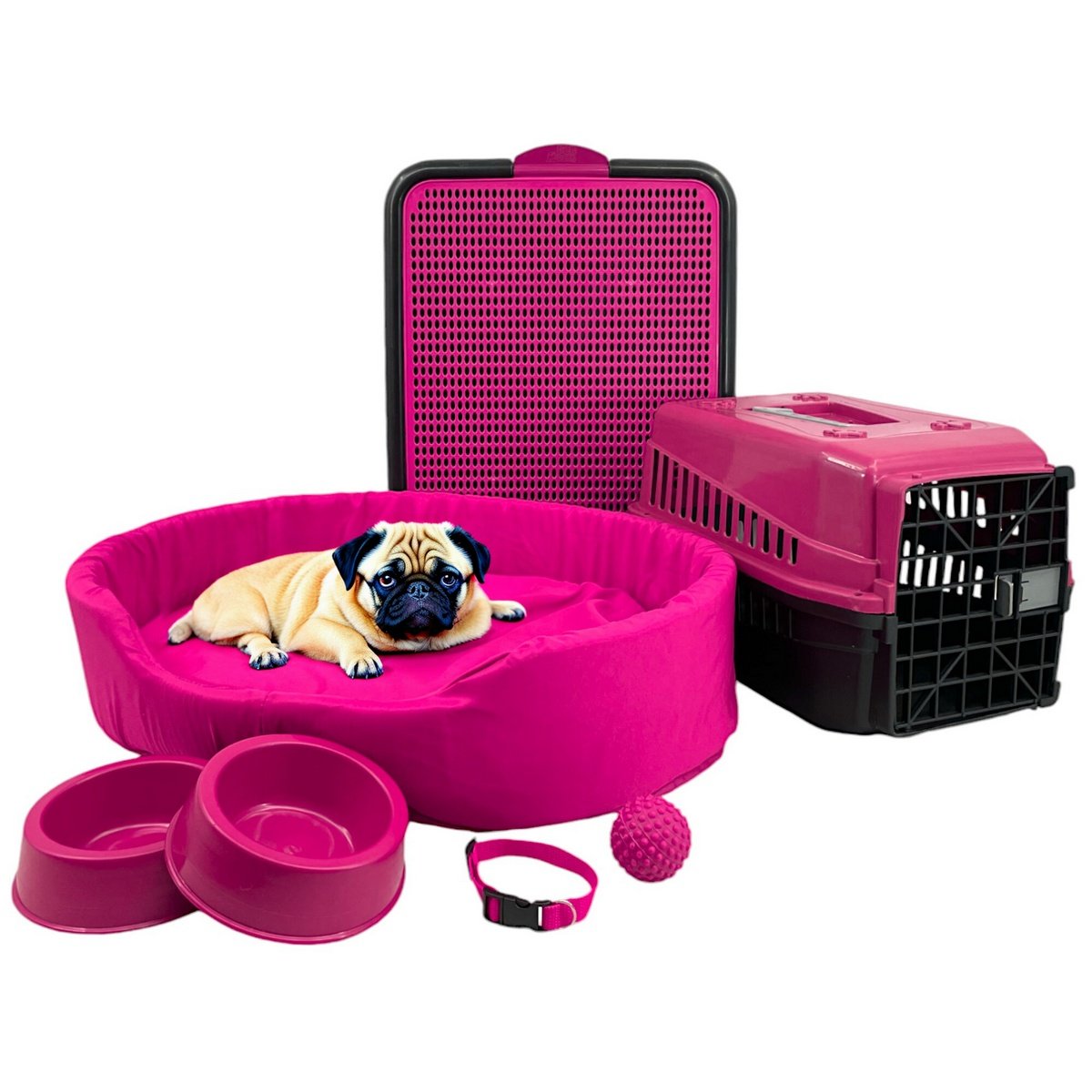 Kit Pet Médio Cama Europa Sanitário Transporte Acessórios - Rosa