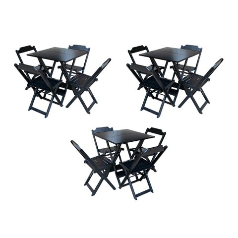 Kit 3 Mesas Quadradas Dobraveis 70x70 em Madeira Maciça com 4 Cadeiras - Preto