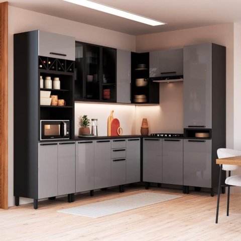 Cozinha Modulada Completa de Canto 8 Peças 469cm 16 Portas 2 Gavetas com Tampo Mônaco Chumbo/Titânio