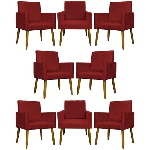 Kit 8 Poltronas Decorativas Mari Pé Palito Castanho - Vermelho Suede