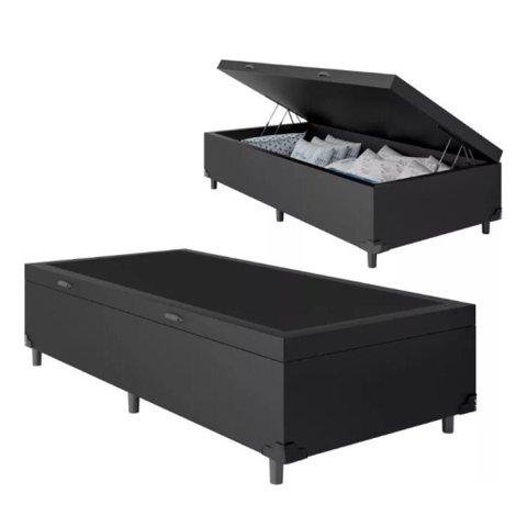 Cama Báu Base Box Solteiro Preto Sintético, Rc.