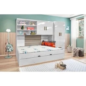 Quarto Modulado Jade com Guarda-roupa 2 Portas, Módulo Aéreo e Cama com Auxiliar Branco - Phoenix Ba
