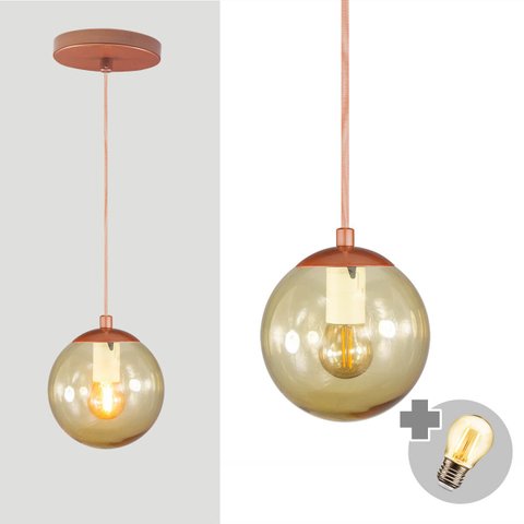 Pendente Bronze C/ Globo de Vidro Ambar de 14cm + Led 2w