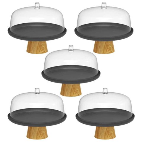 Kit 5 Boleiras com Tampa 25cm Pé Bambu Prato para Bolo Torta