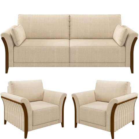 Kit Sofá 03 Lugares Sala Estar 222cm com 02 Poltronas Stefan Pés Madeira M03 Linho Bege - Lyam