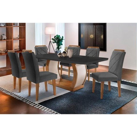 Sala de Jantar Completa Jade Tampo Madeirado C/ Vidro Curvo 180x90 e 6 Cadeiras Melissa Imbuia -