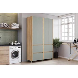 Armário Multiuso Lavanderia Rainha com 4 Portas e 4 Gavetas 140cm Nature Verde Nesher