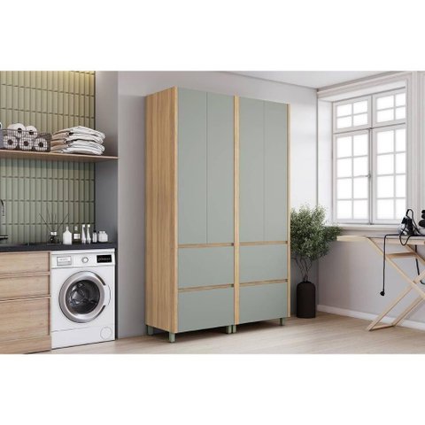 Armário Multiuso Lavanderia Rainha com 4 Portas e 4 Gavetas 140cm Nature Verde Nesher