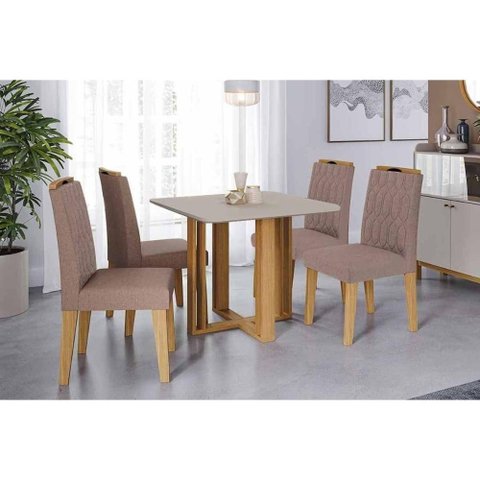 Sala de Jantar Completa Flora Tampo Madeirado C/ Vidro 95x95cm e 4 Cadeiras Paola Cinamomo/off White