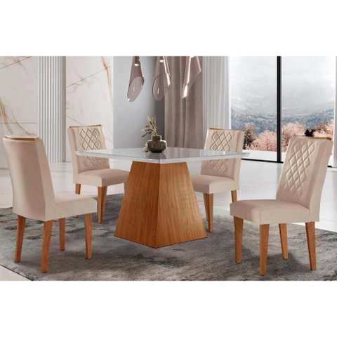 Conjunto: Mesa de Cozinha Luna C/ Tampo Madeirado C/ Vidro Canto Curvo 90x90cm e 4 Cadeiras Jade