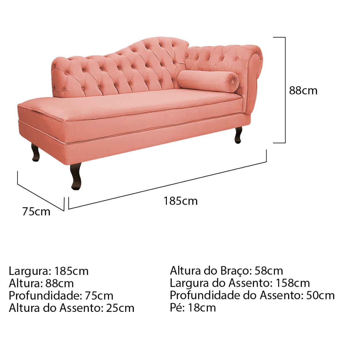 Divã Recamier Sofá Juliana 1,85M Lado Esquerdo Suede Coral Sala Estar Recepção Quarto Escritório - 3