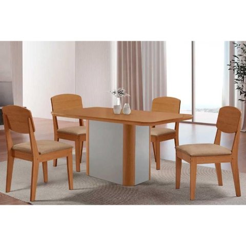 Conjunto: Mesa Sala Jantar Pietá C/ Tampo Madeirado Canto Curvo 120x80cm e 4 Cadeiras Havana
