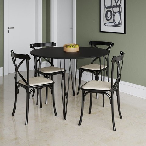 Mesa Jantar Elen Hairpin 110cm com 4 Cadeiras Katrina para Cozinha Sala de Jantar - Preto