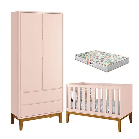 Berço Americano e Guarda Roupa 2 Portas New Classic Rosa com Pés Madeira e Colchão Gazin – Reller