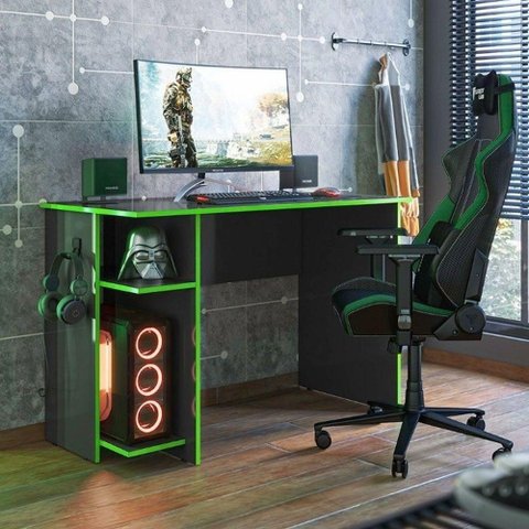 Mesa Computador Gamer 3875 com Suporte Fone de Ouvido - Qmovi Cor Preto/verde