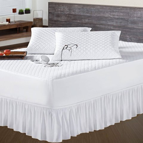 Protetor P/ Colchão Casal Padrão + 2 Porta Travesseiro Impermeável + Saia Box Branco