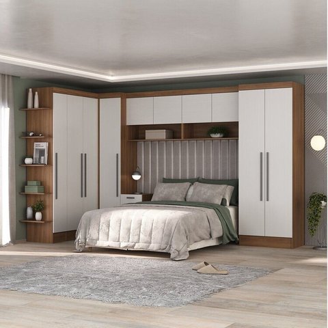Quarto Completo Viena 10 Portas 6 Gavetas 7 Peças Espresso Móveis Marrom/Nogal/Branco