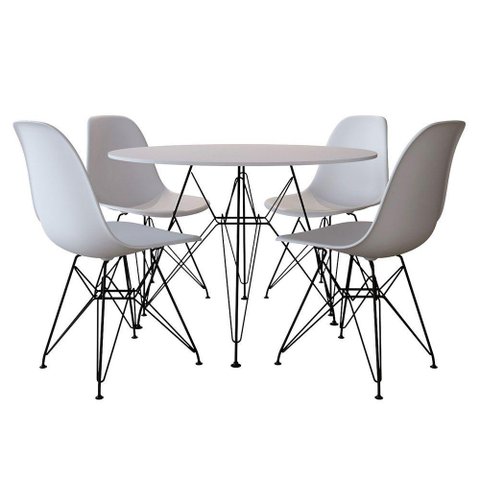 Mesa de Jantar com 4 Cadeiras Eames Eiffel Tampo Redondo Branco 90cm Base de Ferro Preto