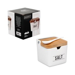 Saleiro de Porcelana com Colher Tampa de Bambu Capacidade 270 Ml Branco - 2