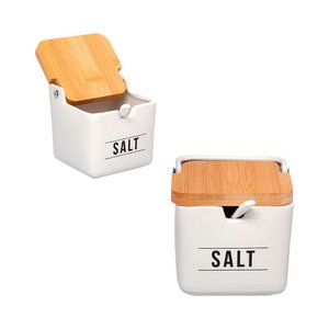 Saleiro de Porcelana com Colher Tampa de Bambu Capacidade 270 Ml Branco