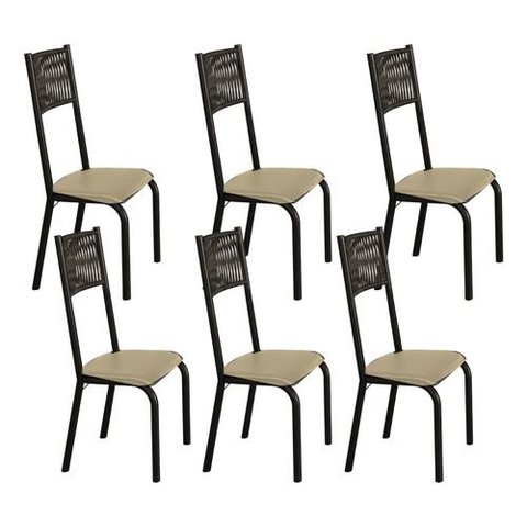 Kit 6 Cadeiras Sofia Corino Creme e Fibra Nautica Preta Tubo Preto Fosco