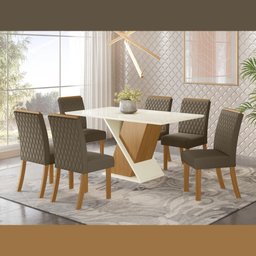 Kit Conjunto Mesa Solus 160 Cm 6 Cadeiras Sala de Jantar Cozinha Mdf Madeira Off White Bege Escuro - 1