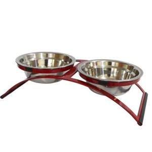 Comedouro Ferro Cachorro Coelho Mini Duplo Inox - Vermelho
