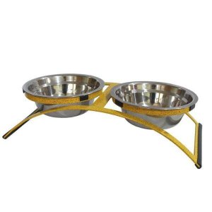 Comedouro Ferro Cachorro Coelho Mini Duplo Inox - Amarelo
