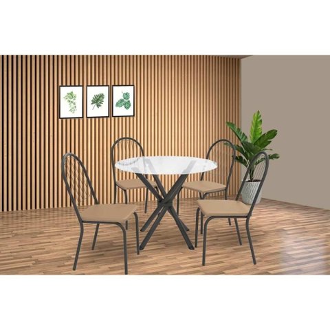 Conjunto: Mesa Sala Jantar Volga C/ Tampo de Vidro 95cm e 4 Cadeiras Noruega Preto - Capuccino -