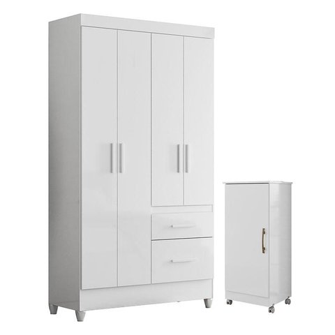 Guarda Roupa Solteiro Madri e Armário Multiuso Lírio Branco Brilho – Moval