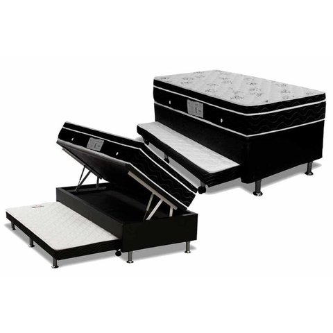 Cama Box Baú c/Auxiliar Solteiro: Colchão Molas Ortobom Nanolastic Physical + Base CRC Courano Black